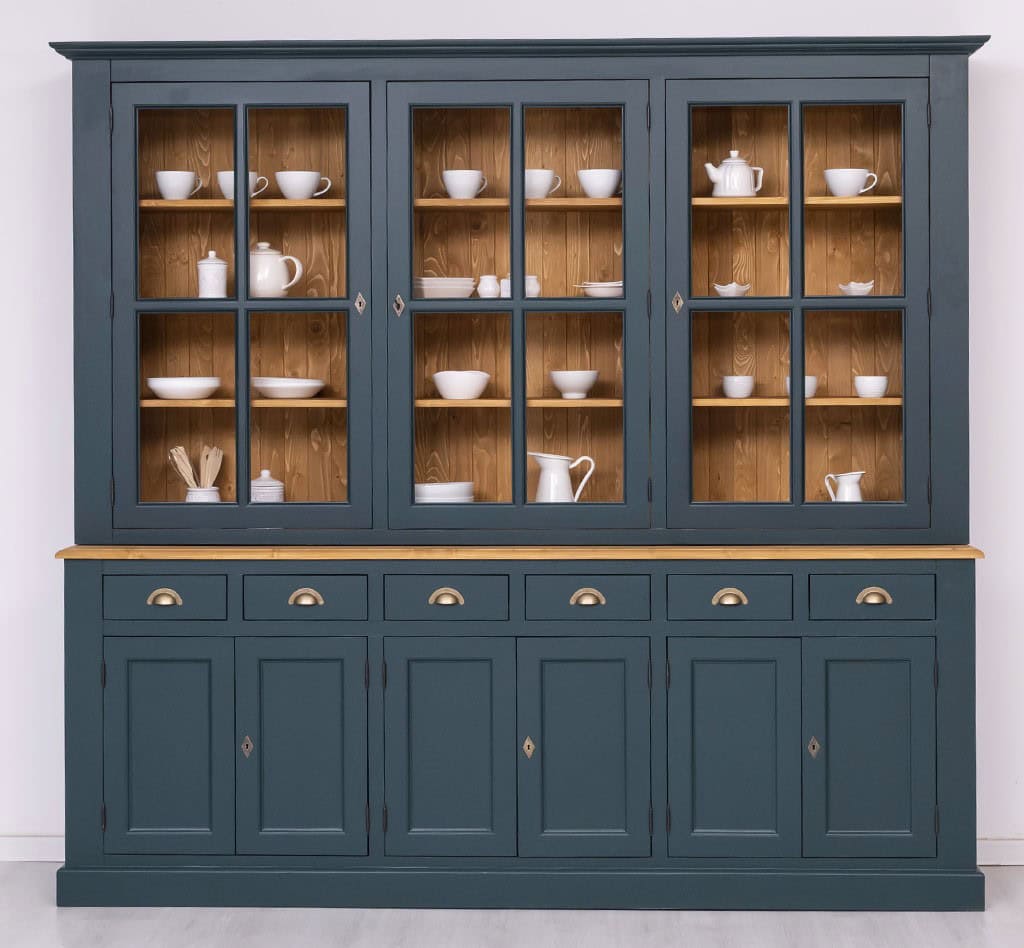 Grand buffet vaisselier 3 corps Lokimob LM179BAS+HAUT_topC002_intC002_extL087 en pin bleu gris et bois naturel