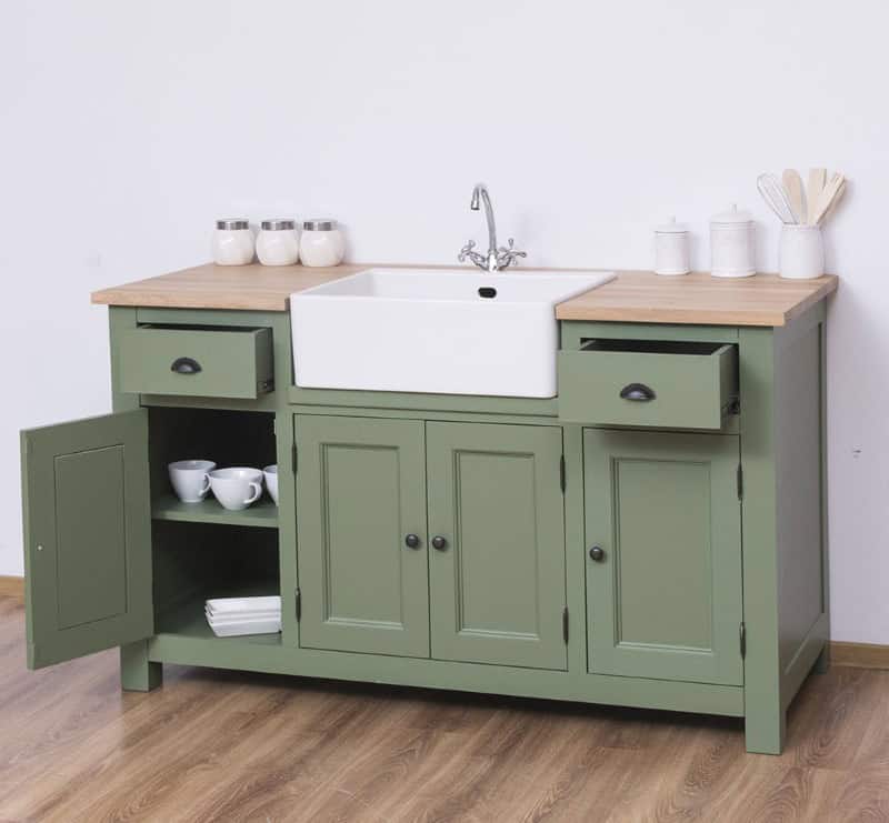 Rangement ouvert meuble sous-évier en bois vert et chêne lokimob LM199_topchêneV061_L038
