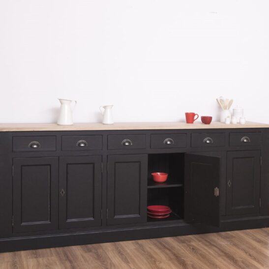 Buffet bas en pin massif 239 cm — 6 portes, 6 tiroirs