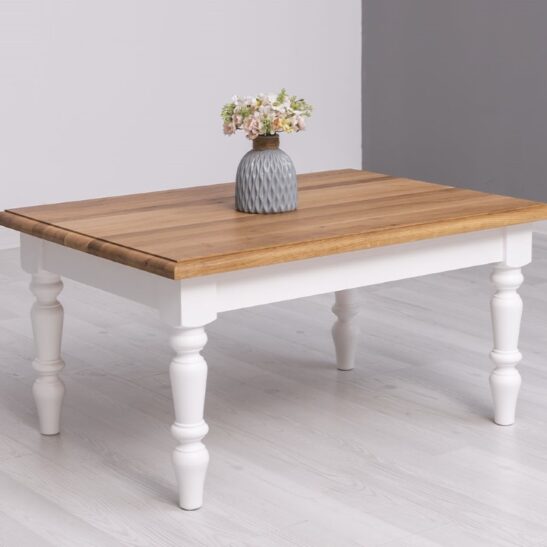 Table de salon pin massif blanc avec plateau en chêne clair