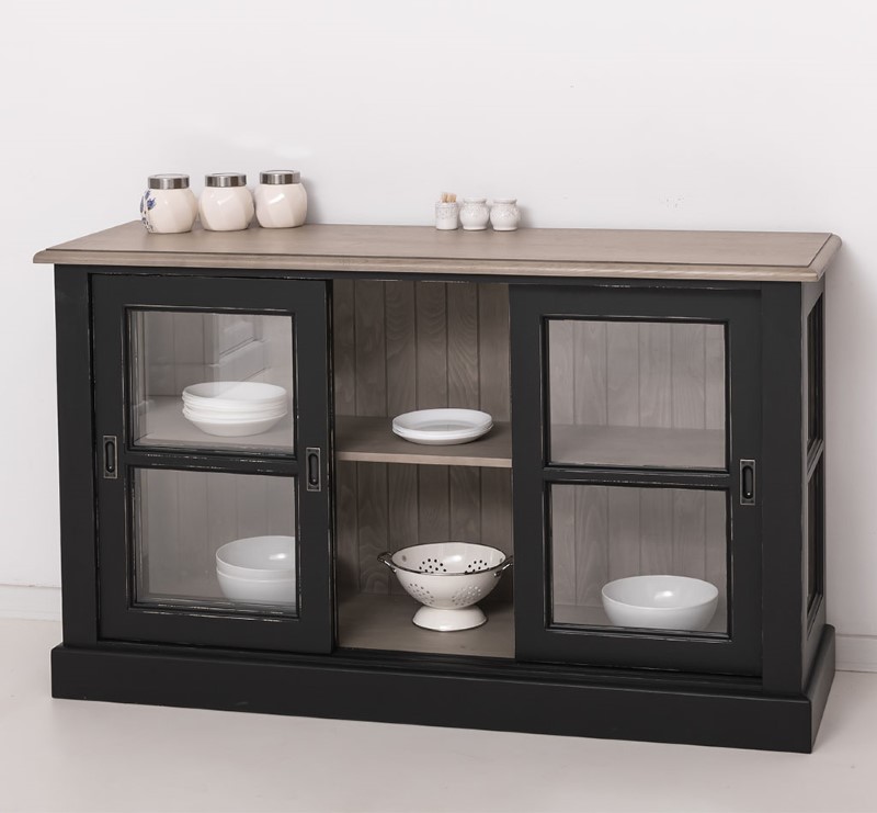 vitrine-basse-portes-coulissantes-largeur-147cm-pin-massif-personnalisable-lokimob-LM596BAS-plateau-chene-TopV037-L003A-B037-3