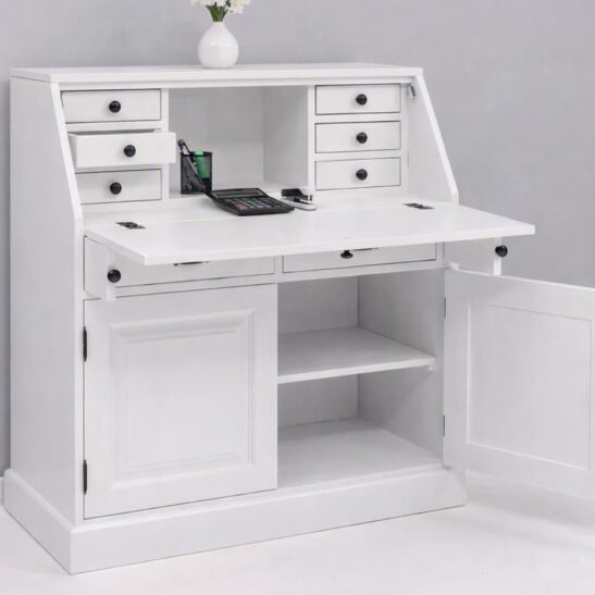 Secrétaire en bois massif blanc avec rangements et abattant