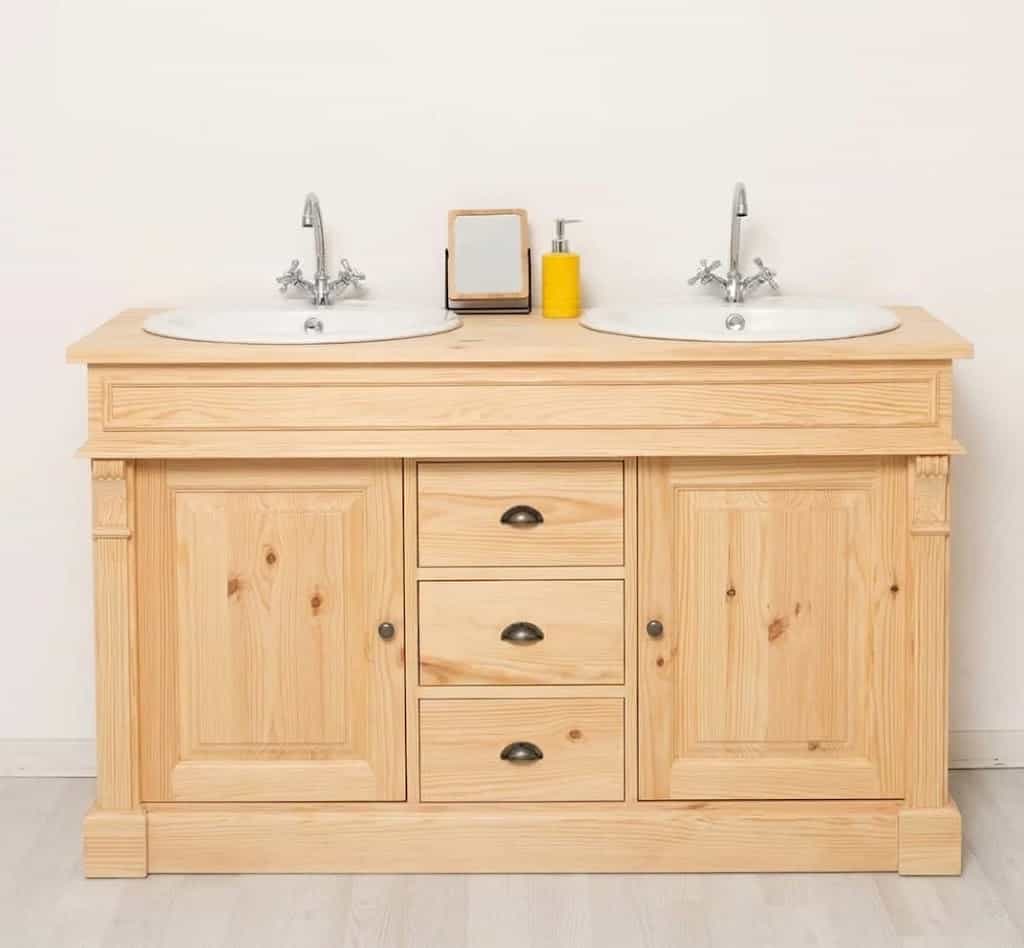 Meuble de salle de bain double vasque en bois rustique Lokimob LM4001_L0, avec 3 tiroirs et 2 portes fermées, style campagne et naturel