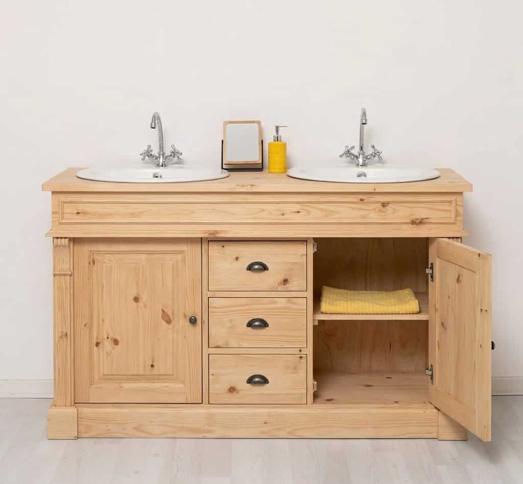 Vue de face du meuble double vasque en pin naturel Lokimob LM4001_L0 avec une porte ouverte dévoilant une étagère intérieure et ses 3 tiroirs centraux