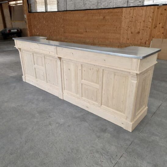 Grand comptoir vintage 300 cm en pin massif brut et zinc acier