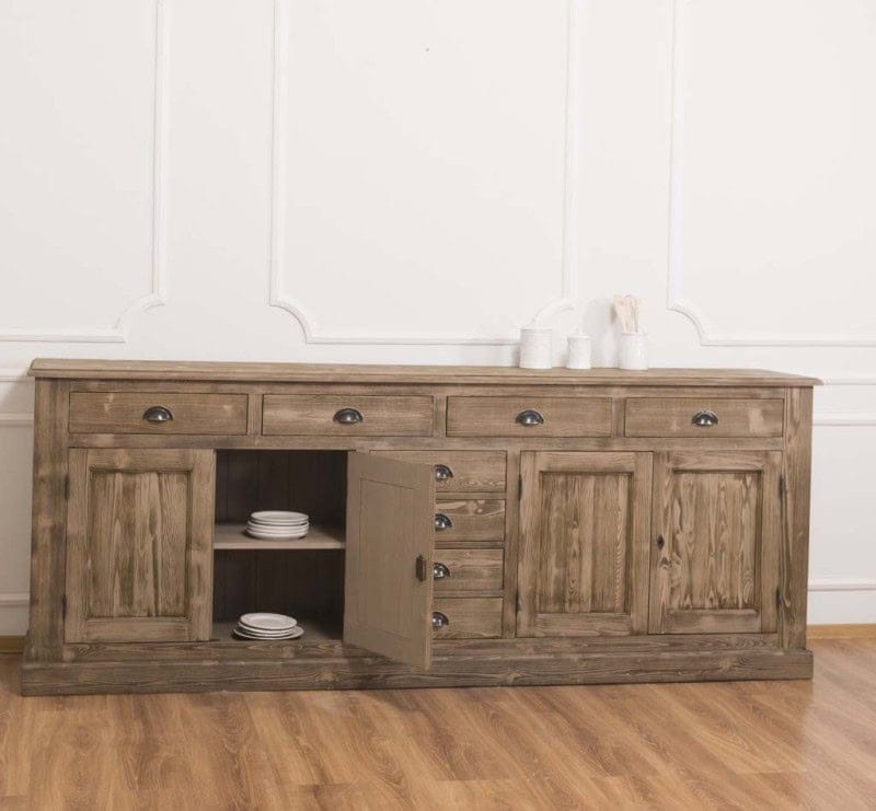 Buffet bas en pin massif brossé écorce de bois lokimob LM404BAS_BP066 rangement tiroirs et portes