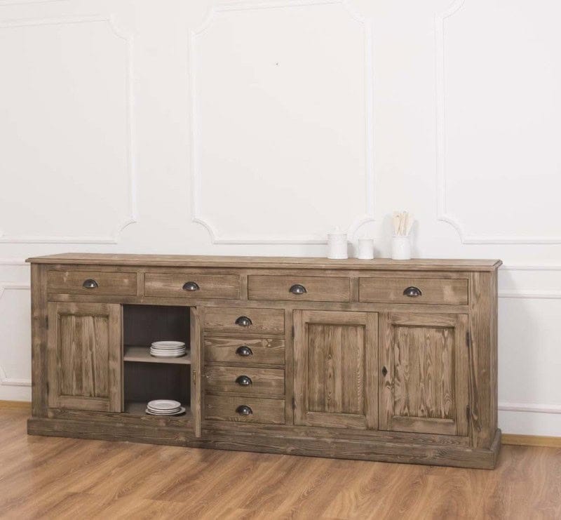 Enfilade en pin massif écorce de bois 239cm lokimob LM404BAS_BP066 porte ouverte avec vaisselle