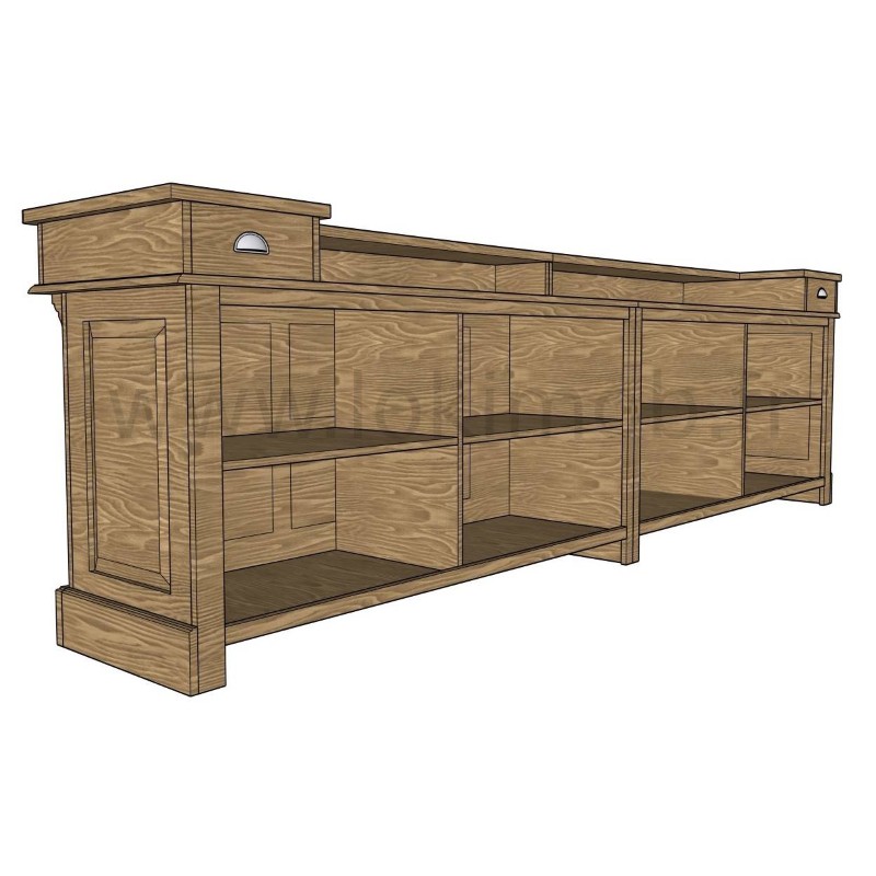 Comptoir vintage 360 cm en pin massif ciré brun clair – rangement sous plateau lokimob CORK_C002