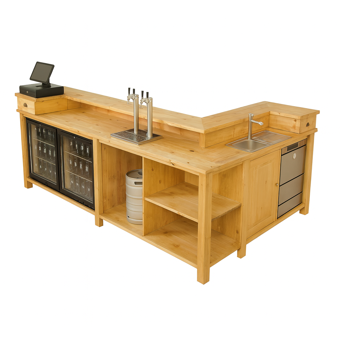 Comptoir Professionnel en L en Pin Massif Brut – Banque d’Accueil avec Rangements – Fabrication Artisanale SPEC22156 lokimob