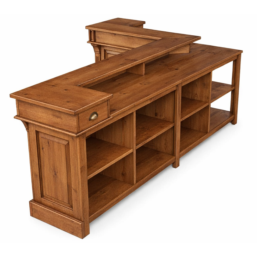 Comptoir Professionnel en L en Pin Massif Ciré Brun – Banque d’Accueil avec Rangements – Fabrication Artisanale SPEC22156