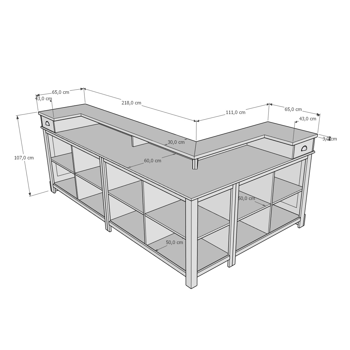 Comptoir Professionnel en L en Pin Massif Dimensions– Banque d’Accueil avec Rangements – Fabrication Artisanale SPEC22156