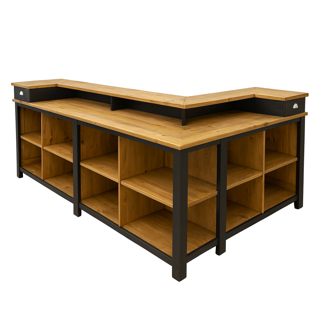 Comptoir Professionnel en L en Pin Massif Noir Plateau Plan De Travail et Intérieur Ciré Brun Clair – Banque d’Accueil avec Rangements – Fabrication Artisanale SPEC22156