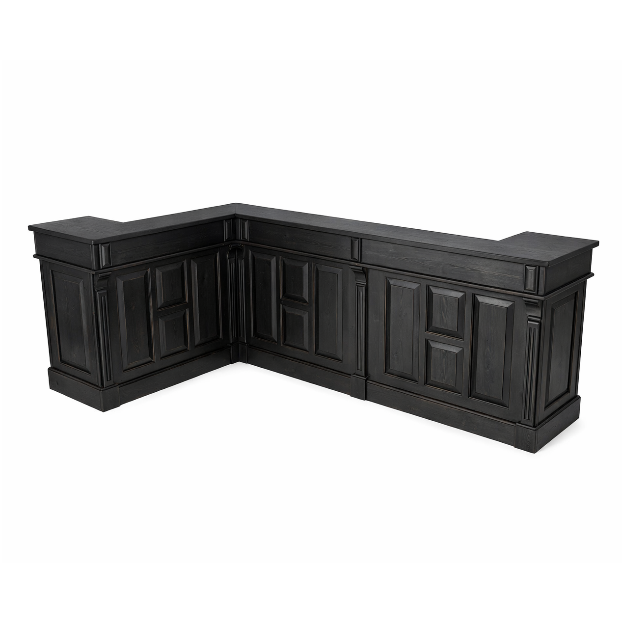 Comptoir Professionnel en L en Pin Massif Noir– Banque d’Accueil avec Rangements – Fabrication Artisanale SPEC22156