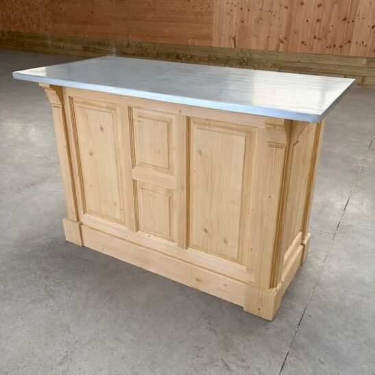 BRISTOL Comptoir îlot 140 cm Vintage en Pin Massif Naturel Brut et Plateau Zinc