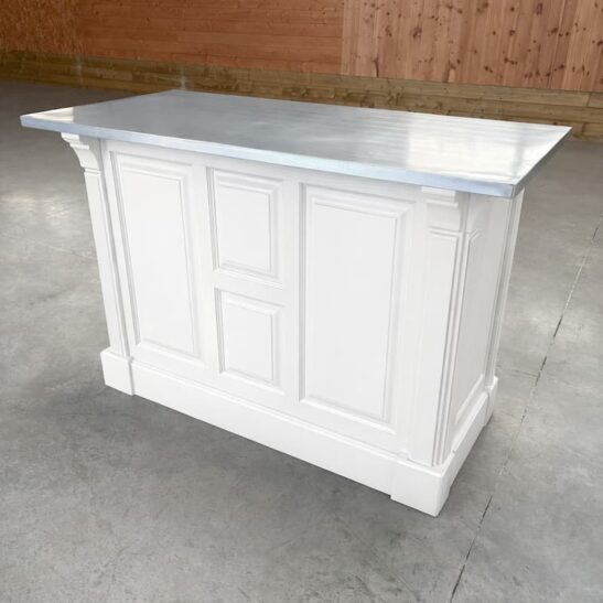 BRISTOL Comptoir îlot 140 cm Vintage en Pin Massif Blanc et Plateau Zinc