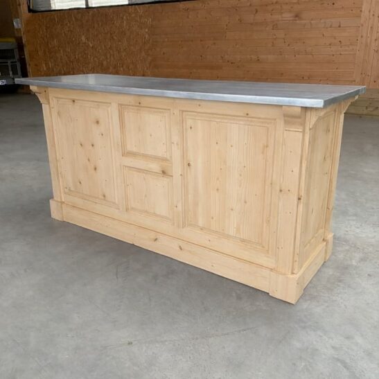 COVENTRY Comptoir îlot 190 cm Vintage en Pin Massif Naturel Brut et Plateau Zinc