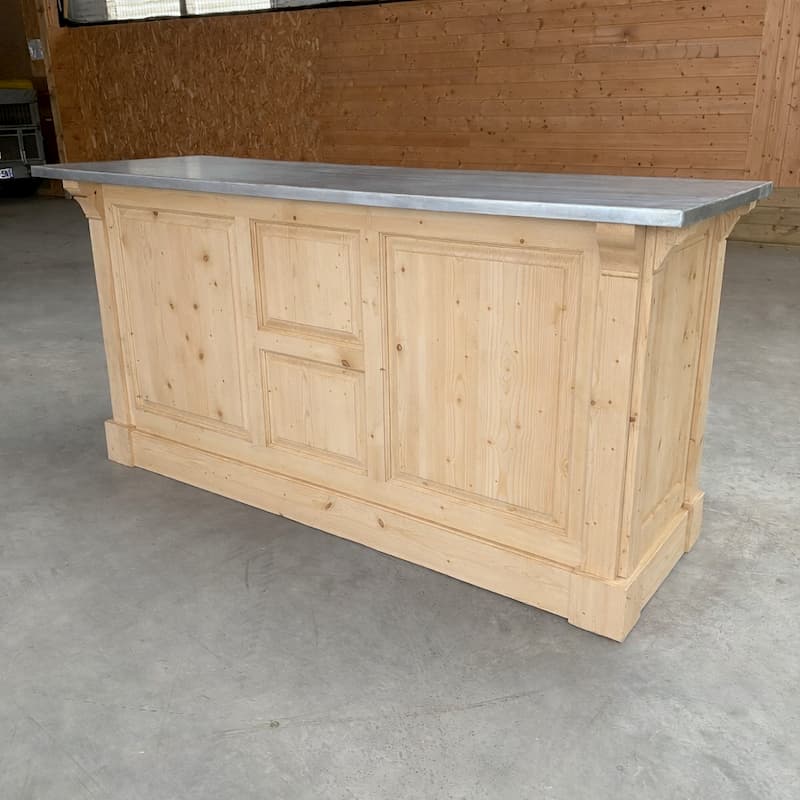 Comptoir boutique vintage 190 cm plateau zinc bois massif lokimob COVENTRY_topzinc_L0