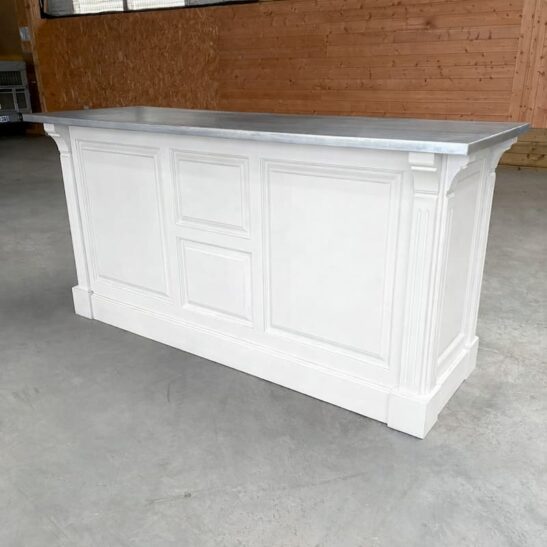 COVENTRY Comptoir îlot 190 cm Vintage en Pin Massif Blanc et Plateau Zinc