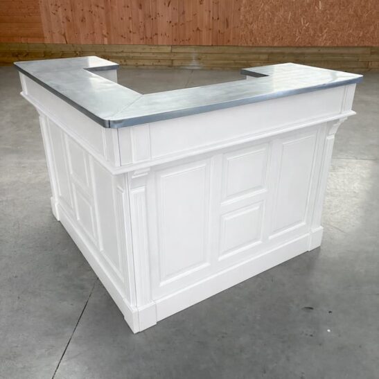 GLASGOW Comptoir vintage en L en pin massif Blanc et Plateau Zinc