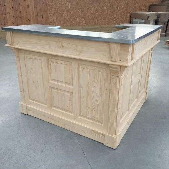 GLASGOW Comptoir vintage en L en pin massif naturel brut et Plateau Zinc