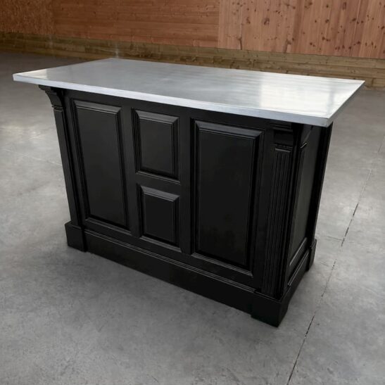BRISTOL Comptoir îlot 140 cm Vintage en Pin Massif Noir et Plateau Zinc