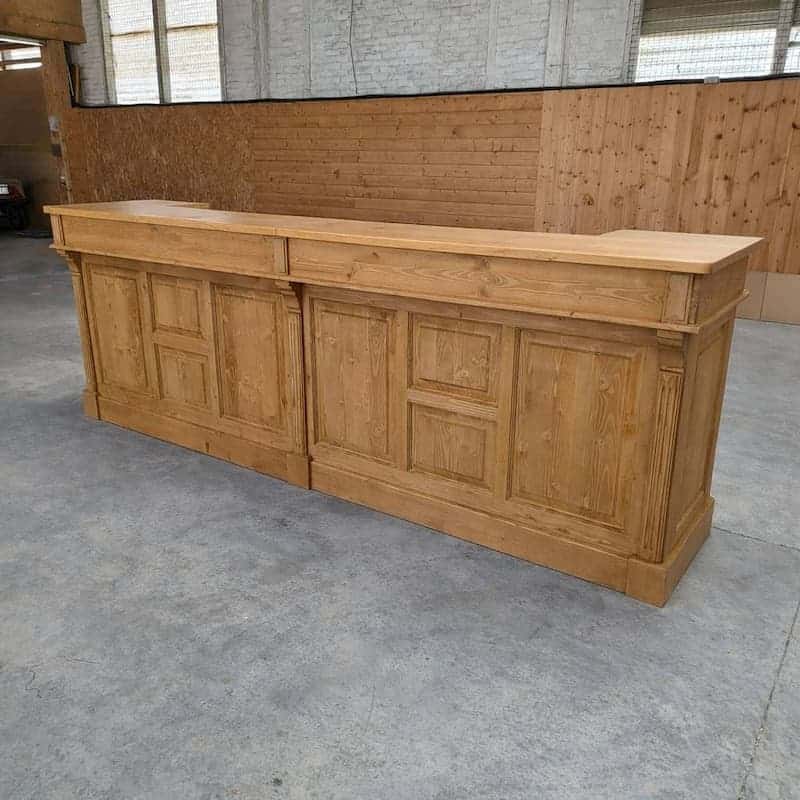 Grand comptoir vintage en pin massif ciré brun clair 300 cm