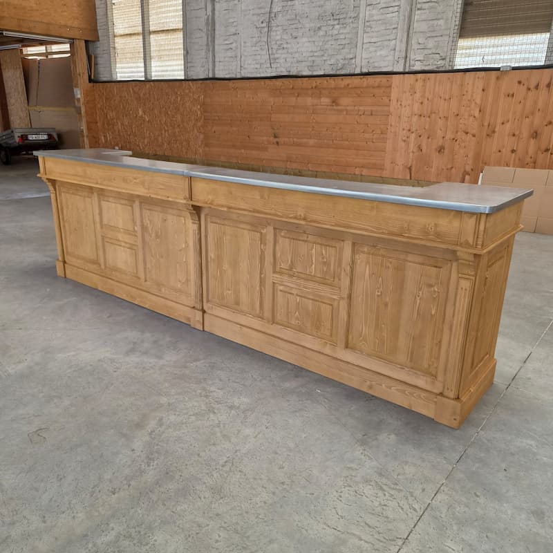 Comptoir vintage 360 cm en pin massif avec plateau zinc acier