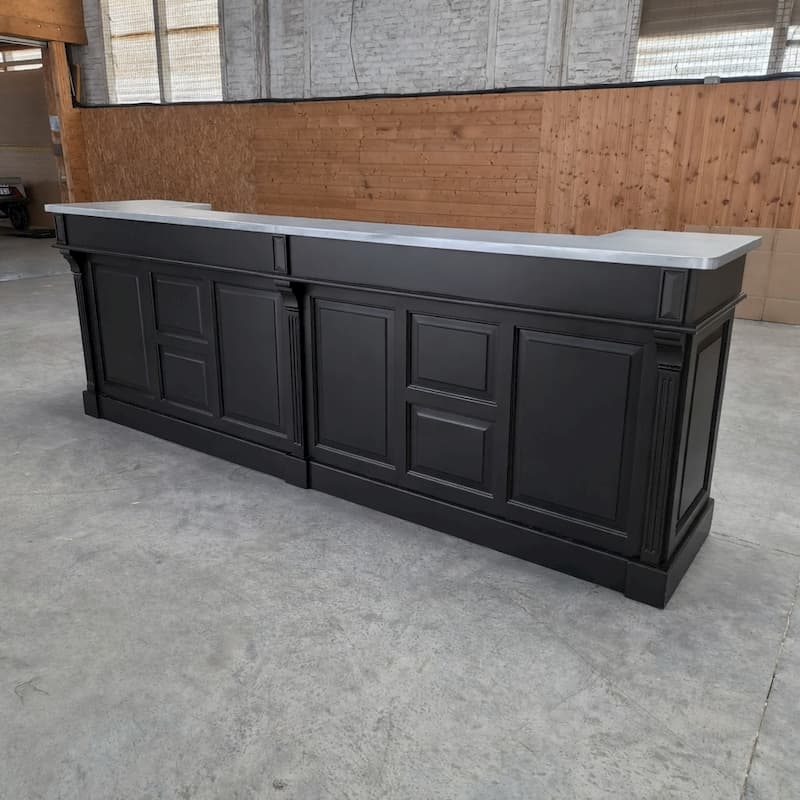 Grand comptoir vintage noir 360 cm en pin massif avec plateau zinc
