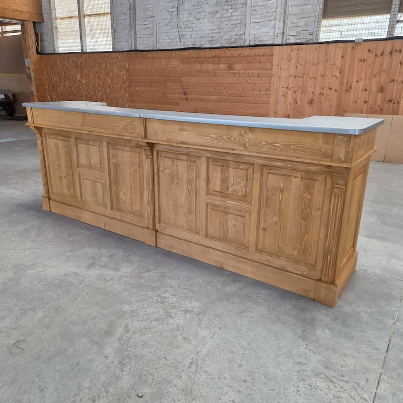 Grand comptoir vintage pin massif 300 cm avec plateau zinc acier
