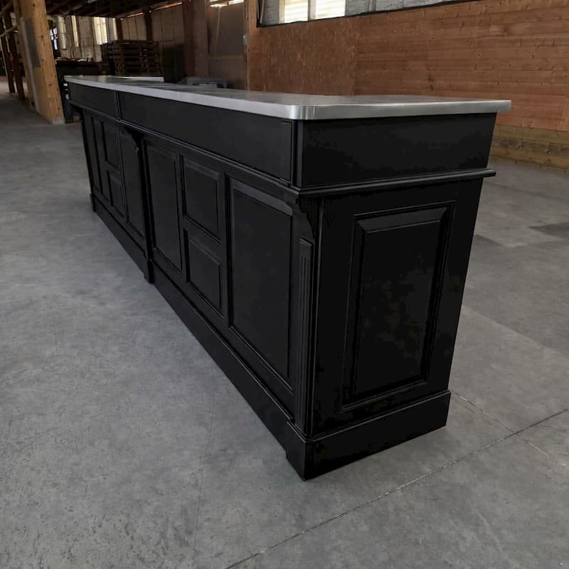 comptoir rétro noir 360 cm pin massif avec plateau zinc acier lokimob
