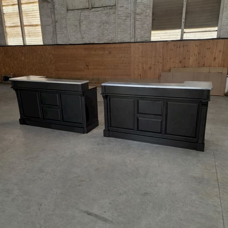 meuble comptoir noir pin massif plateau zinc acier longue longueur lokimob