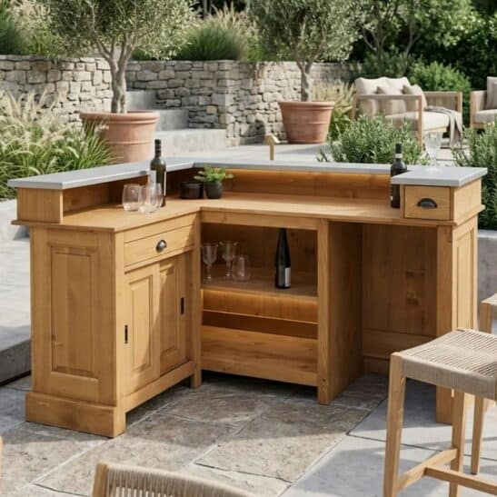 Bar d’angle en bois massif avec plateau en zinc