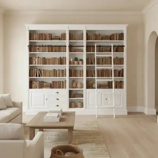 Grande bibliothèque classique en bois avec échelle intégrée