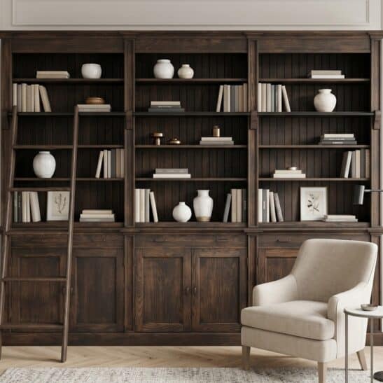 Grande bibliothèque rustique en bois massif avec rangements
