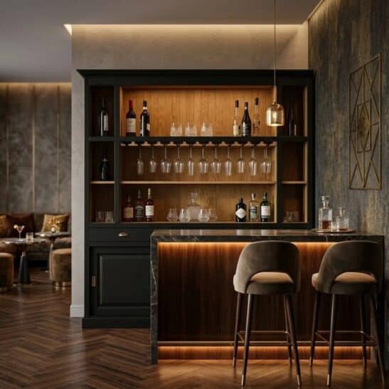 Buffet bar en bois massif noir avec portes coulissantes