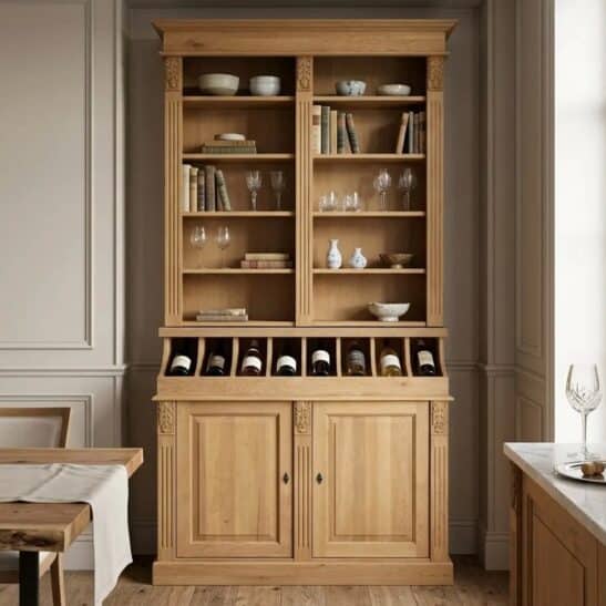 Buffet bibliothèque en chêne massif avec rangements intégrés