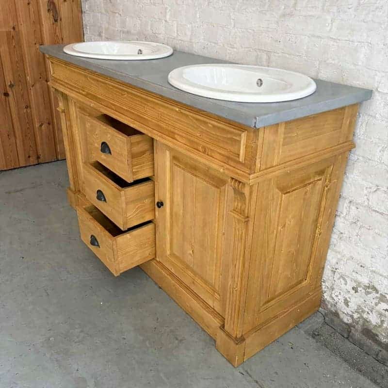 Meuble de salle de bain en bois avec rangements et vasques rondes blanches lokimom LM4001