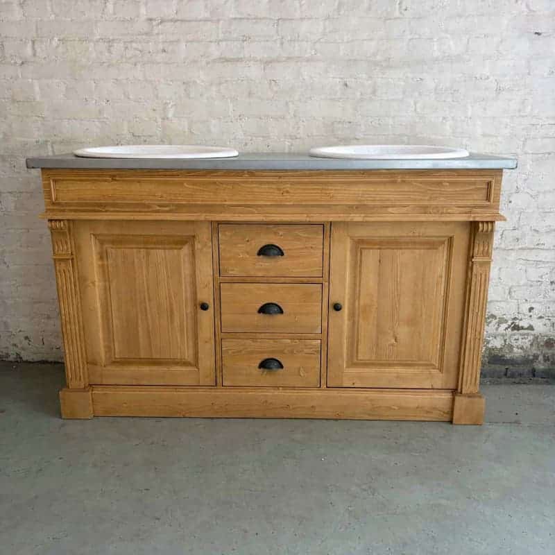 Meuble en bois clair avec plan de travail gris et deux vasques céramique lokimob LM4001