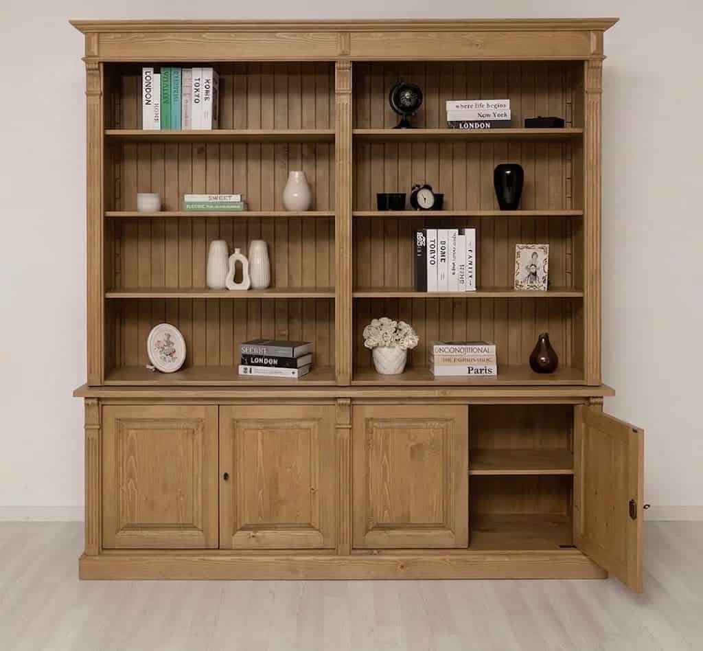 Rangement bas de bibliothèque en bois avec porte battante ouverte - Lokimob LM72BAS+LM294HAUT_C002