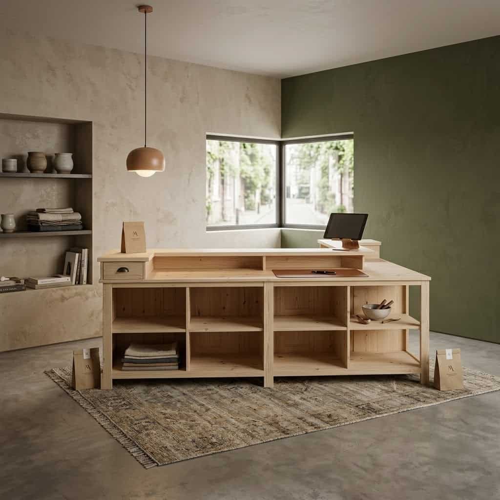 Banque d accueil minimaliste en bois clair avec étagères intégrées dans un espace épuré aux tons neutres et vert olive SPEC22156