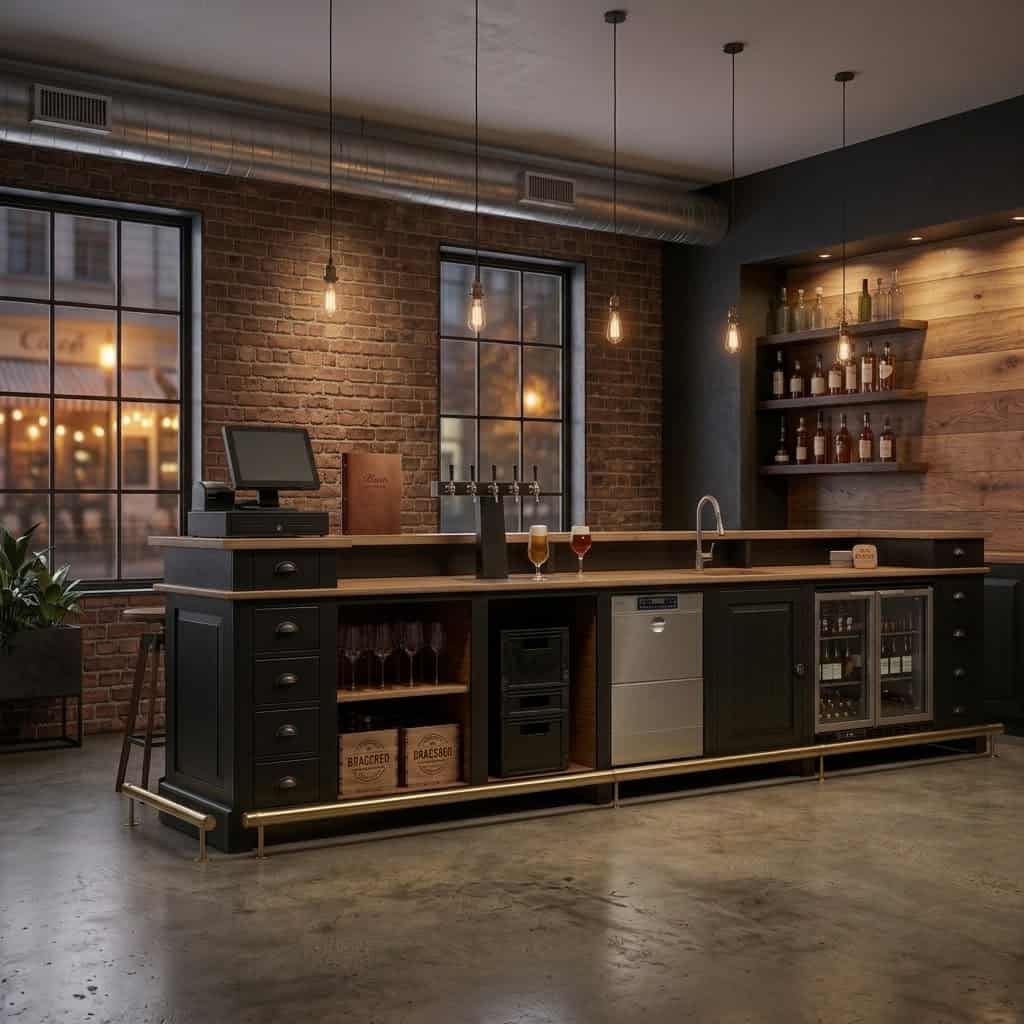 Bar industriel en bois sombre et métal avec tireuses à bière et briques apparentes SPEC3
