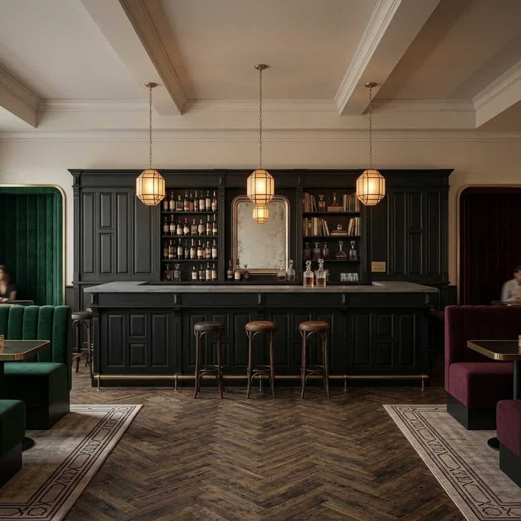 Bar rétro haut de gamme avec boiseries sombres, tabourets en bois et banquettes en velours Spec3