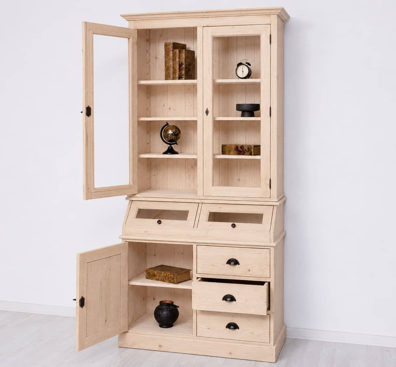 Buffet vaisselier grainetier bois brut portes et tiroirs ouverts lokimob LM271BAS+HAUT_L0