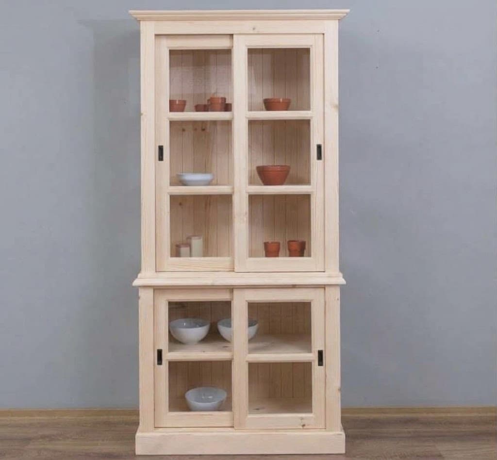 Buffet vaisselier vitré en pin massif brut avec portes coulissantes lokimob LM595BAS+HAUT_L0 vue de face