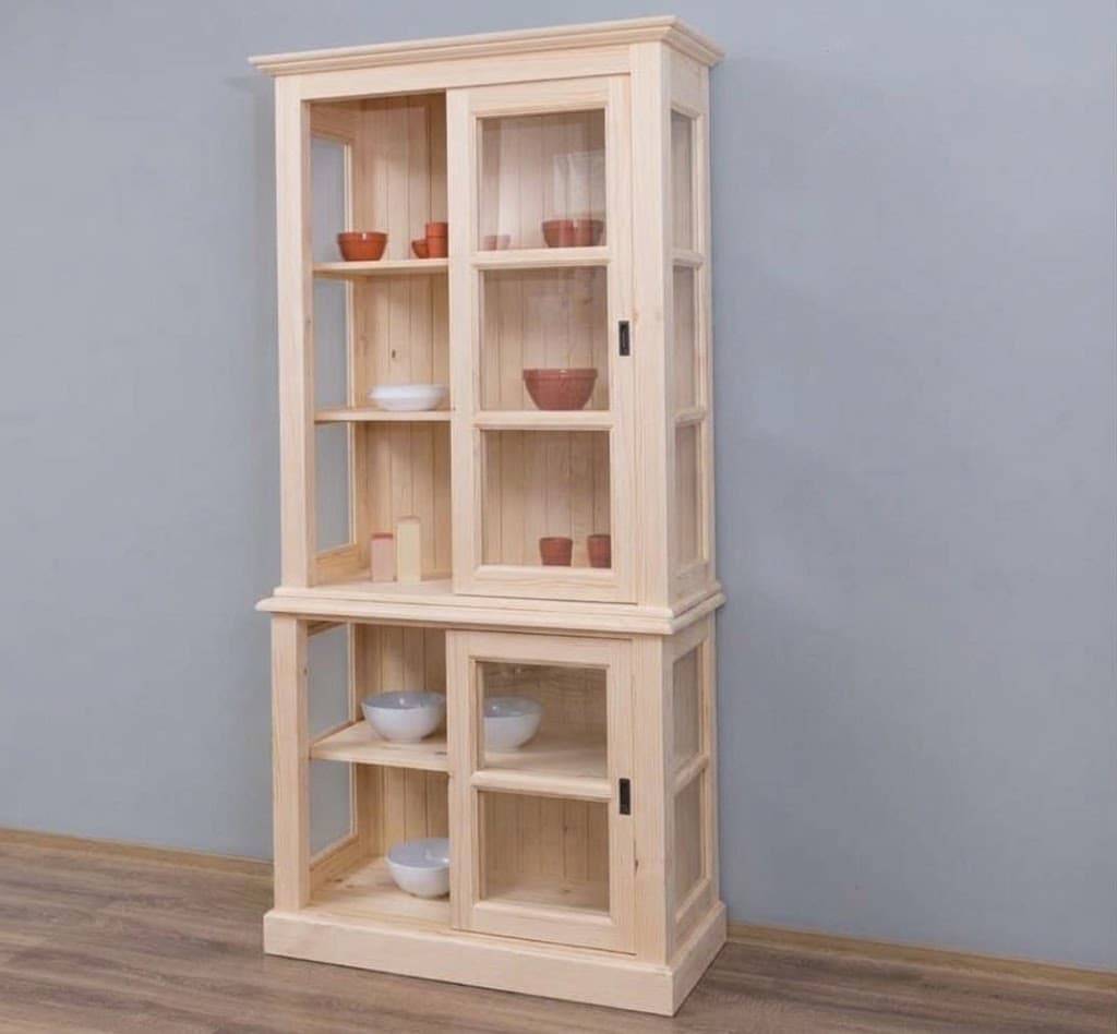 Buffet vitrine coulissant en pin brut portes entre-ouvertes lokimob LM595BAS+HAUT_L0