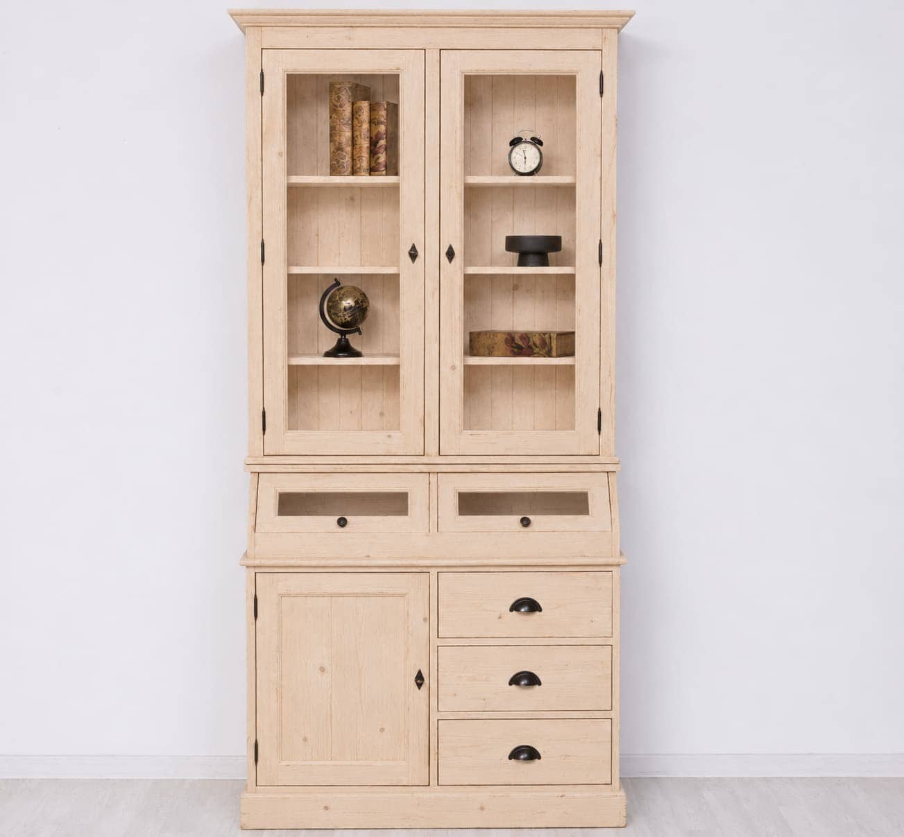 Buffet vitrine grainetier en pin massif brut 113 cm lokimob LM271BAS+HAUT_L0 vue de face