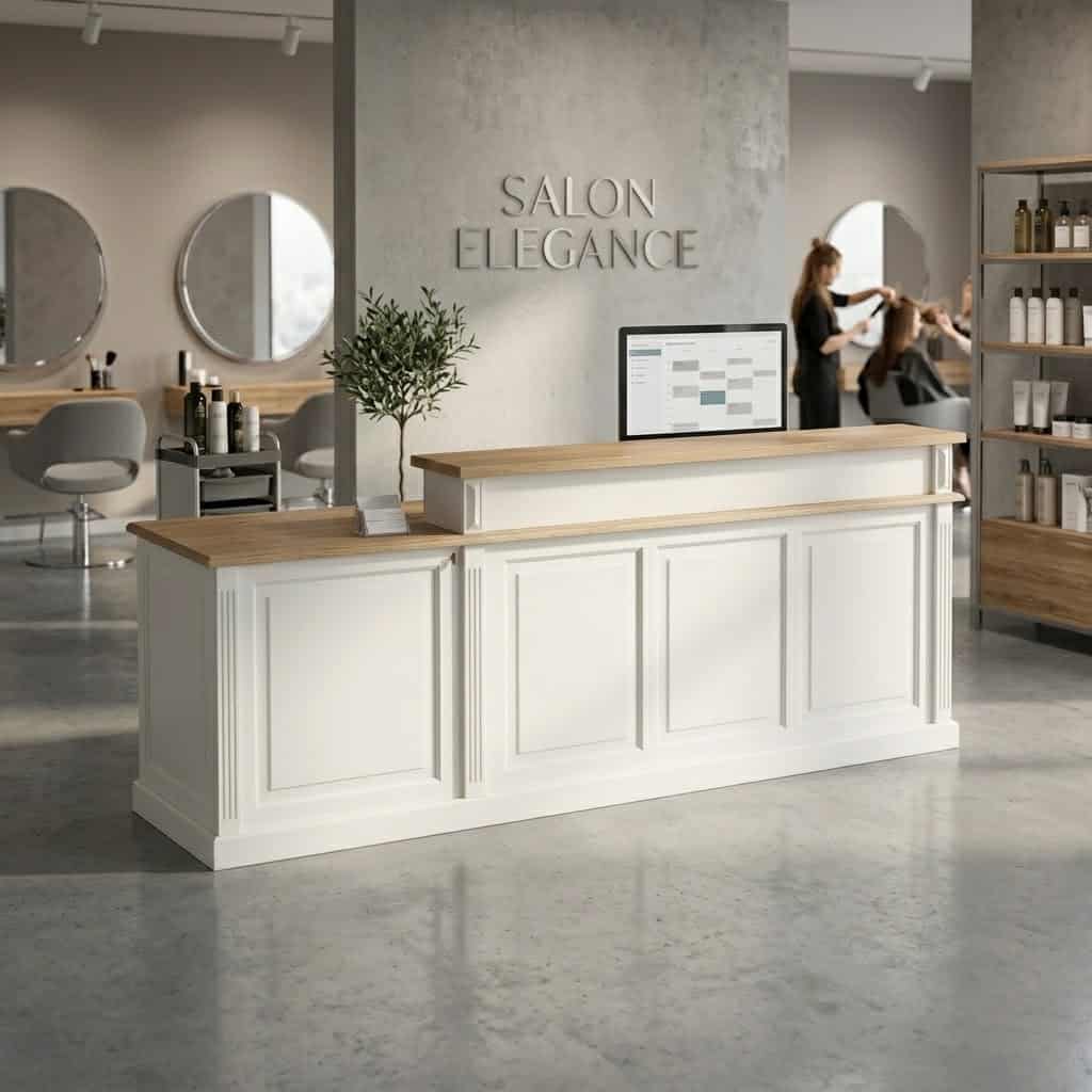 Comptoir d accueil blanc et plateau en bois dans un salon de coiffure moderne SPEC4