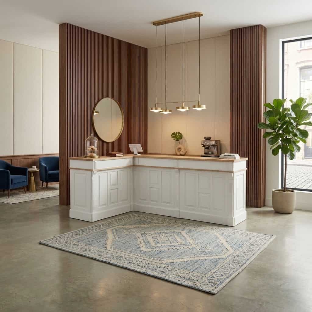 Comptoir d accueil d angle blanc et bois clair dans un espace lumineux avec tasseaux de bois muraux et tapis géométrique bleu SPEC22156