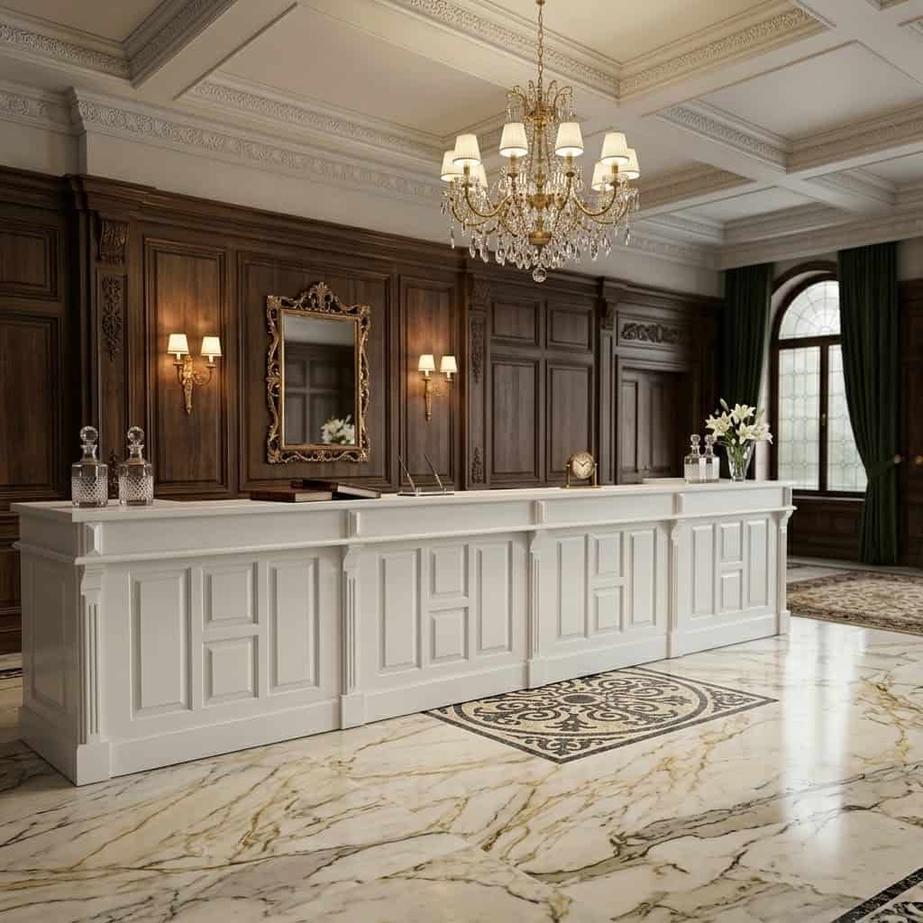 Comptoir d accueil en bois blanc mouluré dans un hall de luxe avec lustre en cristal Spec3