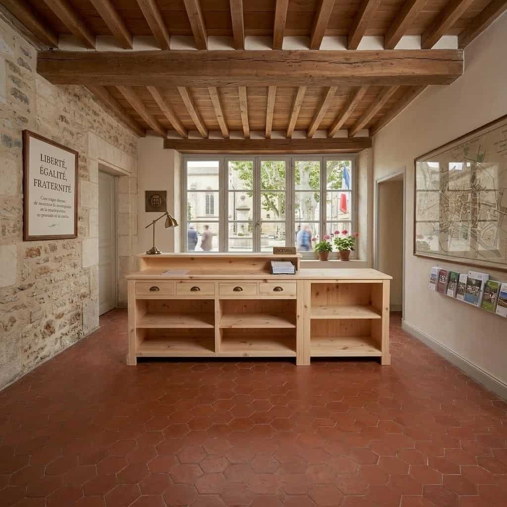 Comptoir d accueil en bois clair dans un espace de style traditionnel avec murs en pierre et sol en tomettes SPEC4